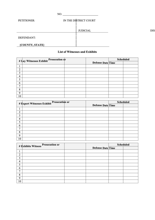 List Of Witnesses And Exhibits Printable pdf