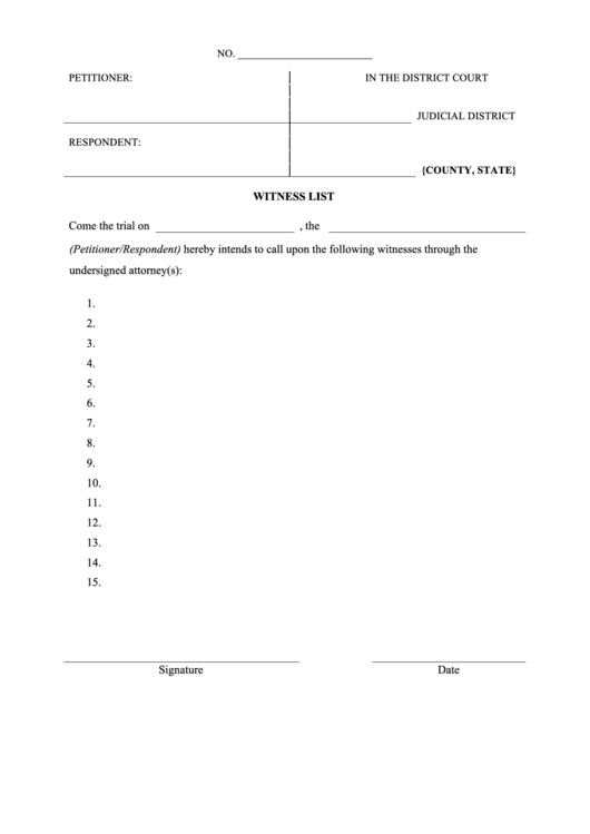 Court Witness List Form Printable pdf