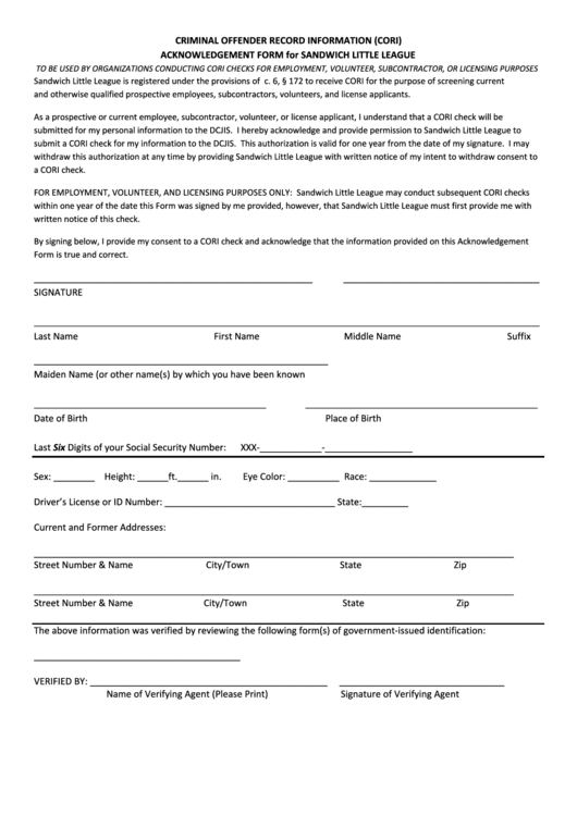 Acknowledgement Form For Sandwich Little League Printable pdf
