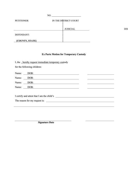 Ex Parte Motion For Temporary Custody Printable pdf