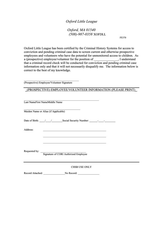 Oxford Little League Cori Form Printable pdf