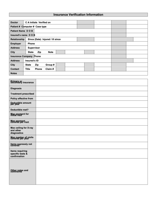 Insurance Verification Information Form Printable pdf
