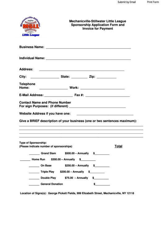 Fillable Mechanicville-Stillwater Little League Sponsorship Application Form And Invoice For Payment Printable pdf