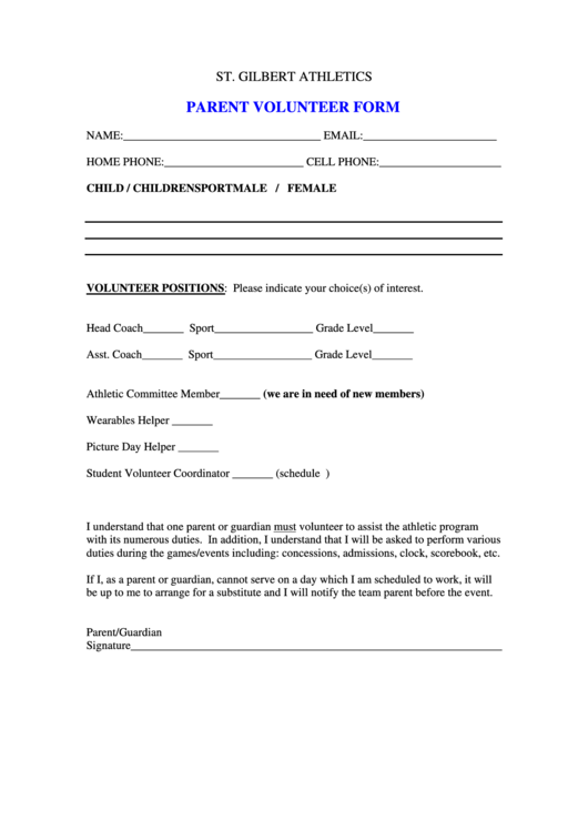St. Gilbert Athletics Parent Volunteer Form Printable pdf