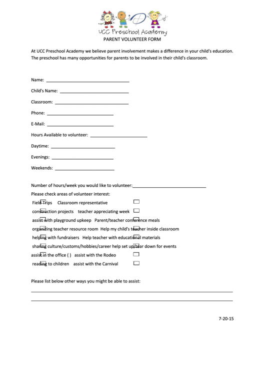 Ucc Preschool Academy Parent Volunteer Form
