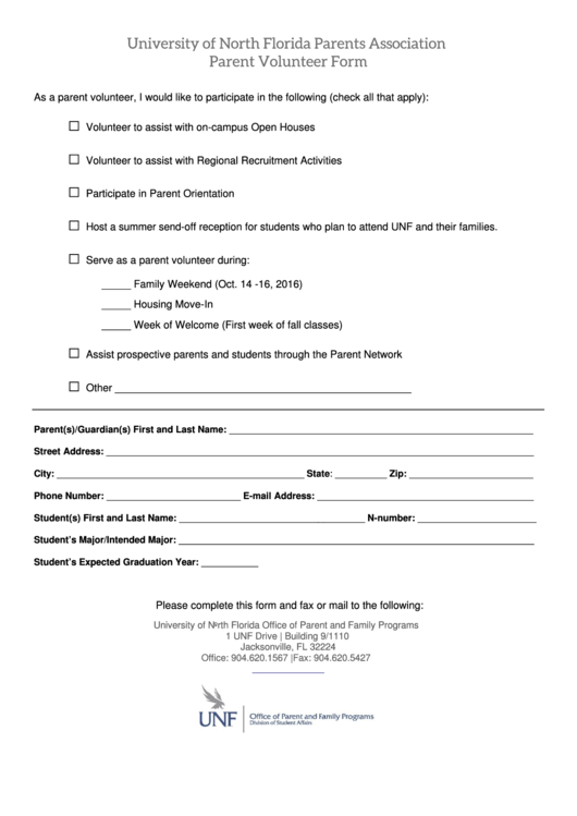 University Of North Florida Parents Association Parent Volunteer Form Printable pdf
