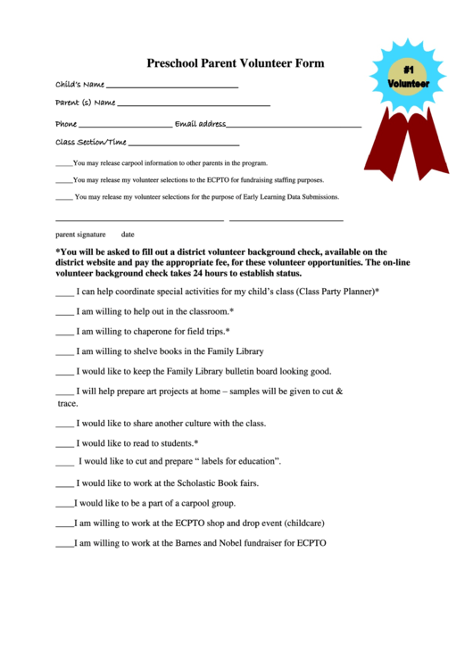 Preschool Parent Volunteer Form Printable pdf