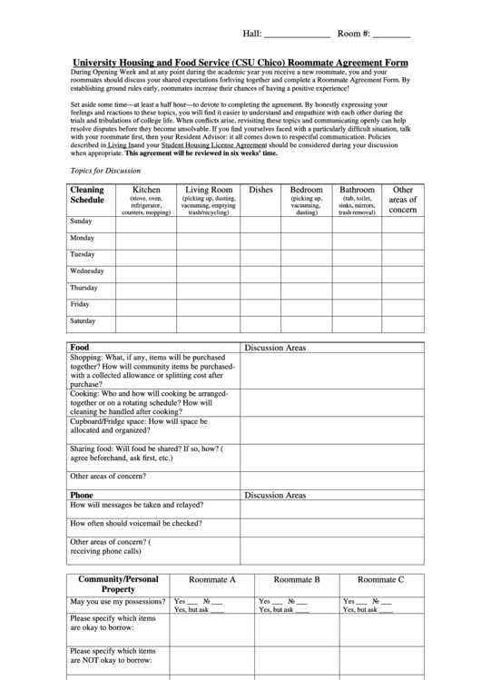 University Housing And Food Service (csu Chico) Roommate Agreement Form