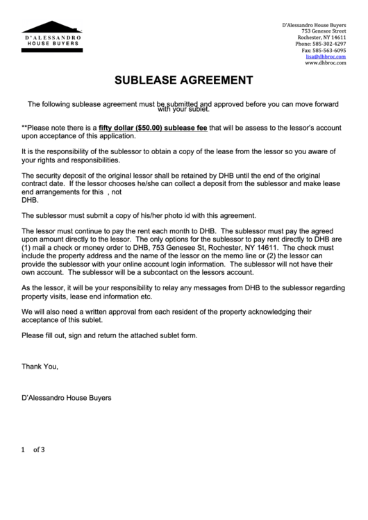 Sublease Agreement Printable pdf