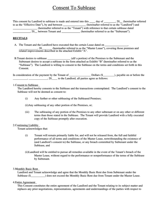 Consent To Sublease printable pdf download