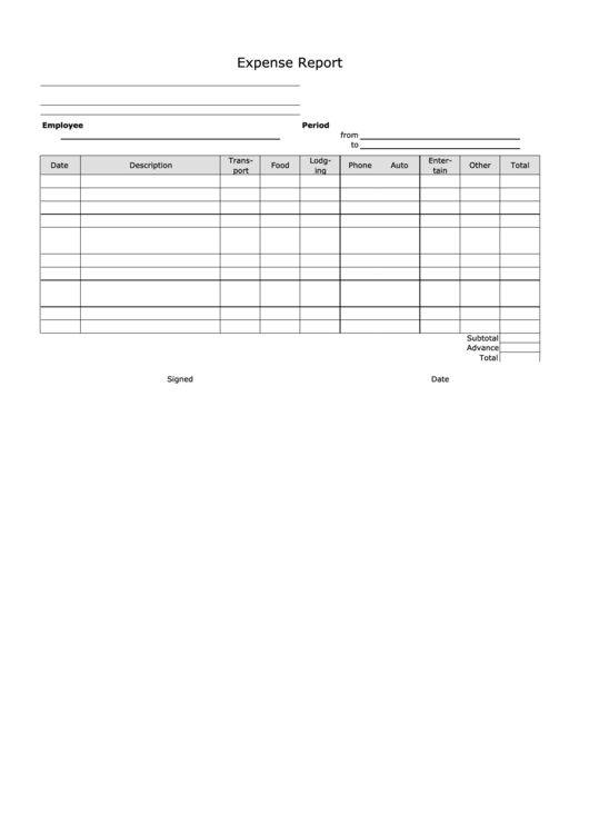 Expense Report Template - Landscape, Lined Printable pdf