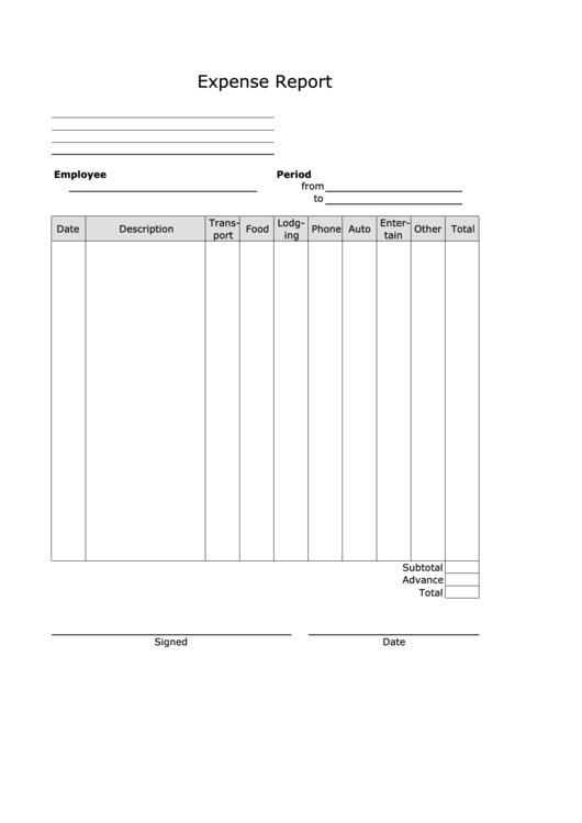 Expense Report Template - Portrait Printable pdf