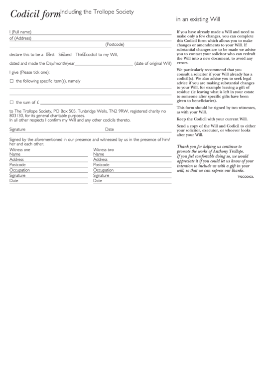 Codicil Form Printable pdf