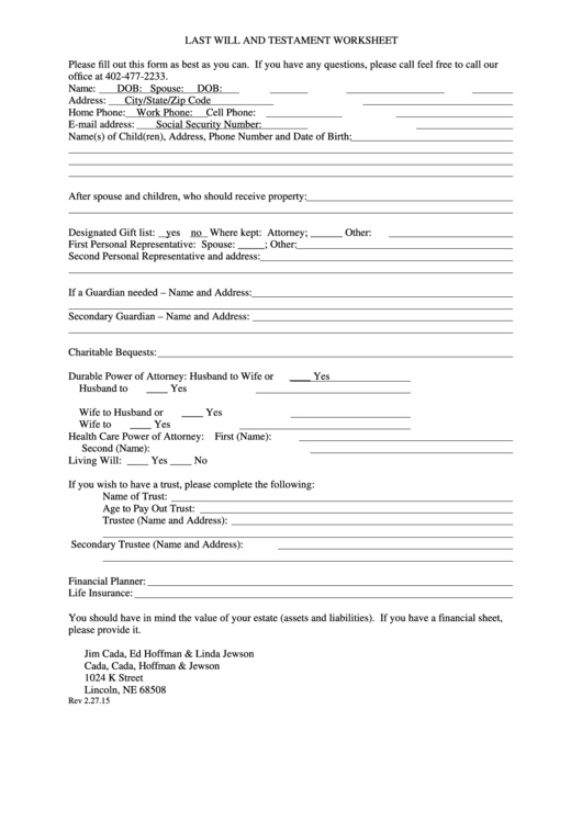 Last Will And Testament Worksheet Printable pdf