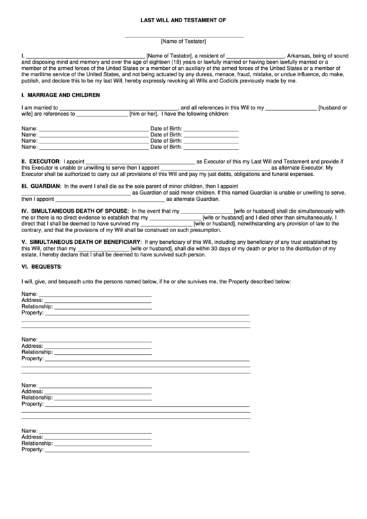 Last Will And Testament Form - Arkansas Printable pdf