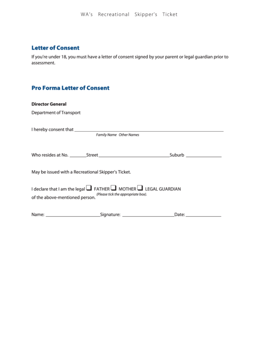 Recreational Skippers Ticket Pro Forma Letter Of Consent Printable pdf