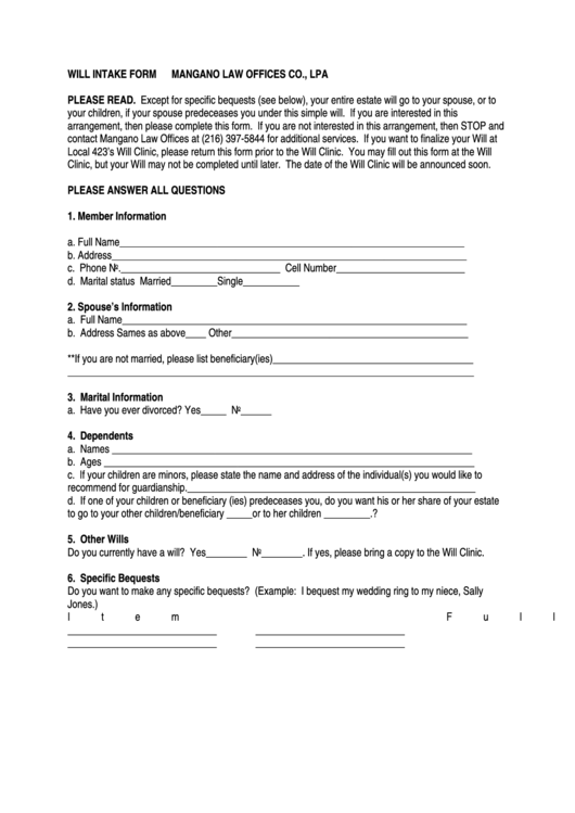 Will Intake Form Printable pdf