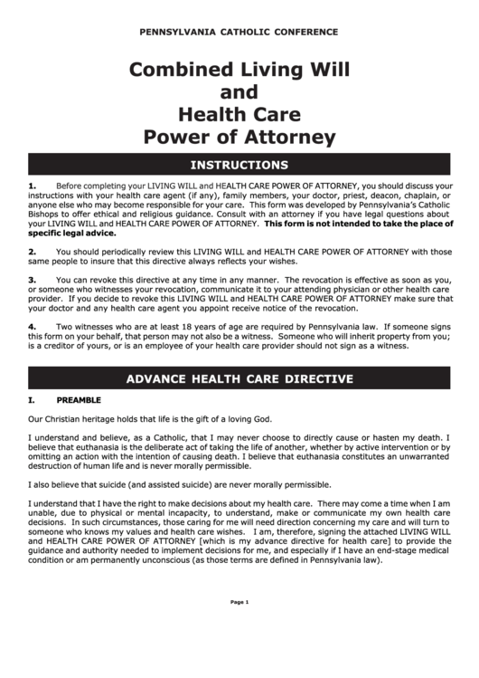 Combined Living Will And Health Care Power Of Attorney Printable pdf