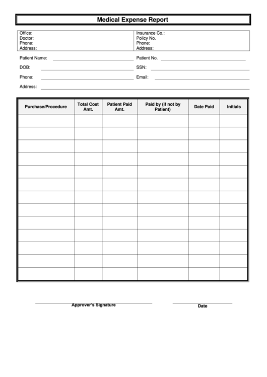 Medical Expense Report Template Printable pdf