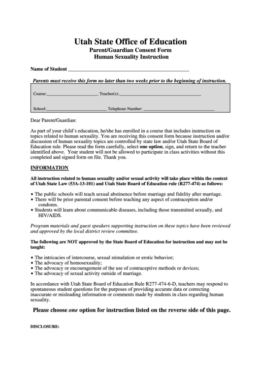 Parent Guardian Consent Form For Human Sexuality Instruction Printable pdf