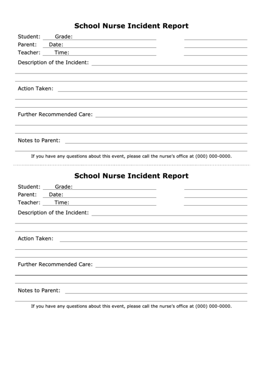 School Nurse Incident Report Form Printable pdf