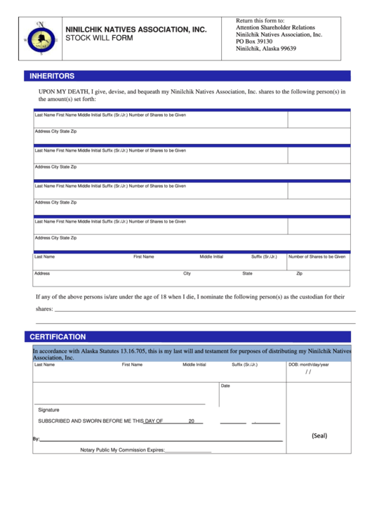 Stock Will Form - Blue Printable pdf