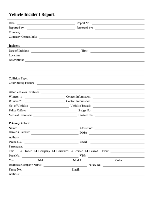 Vehicle Incident Report Form printable pdf download