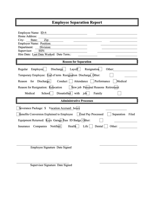 Employee Separation Report Form Printable pdf