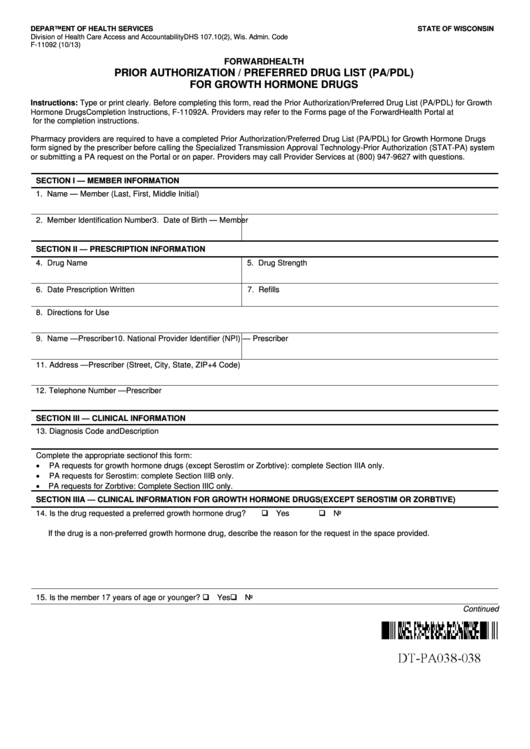 Fillable Form F-11092 - Prior Authorization / Preferred Drug List (Pa/pdl) For Growth Hormone Drugs Printable pdf