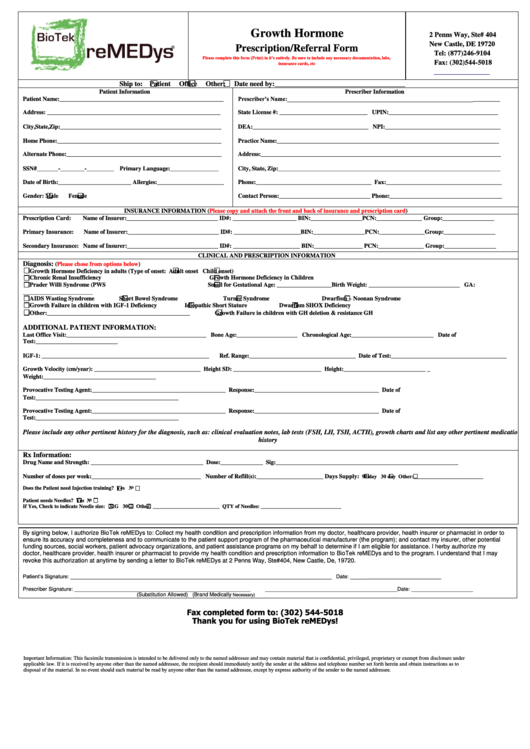 Fillable Growth Hormone Prescription/referral Form Printable pdf