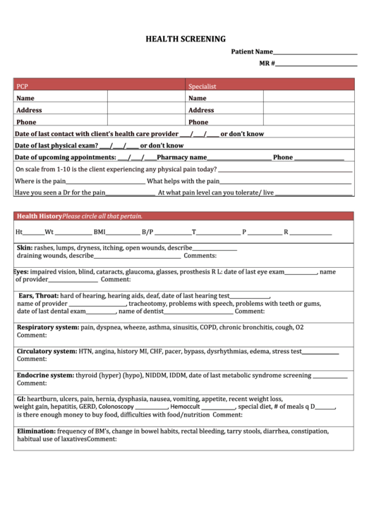 Health Screening Printable Pdf Download