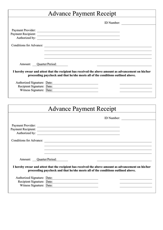 Advanced Payment Receipt Template Printable pdf