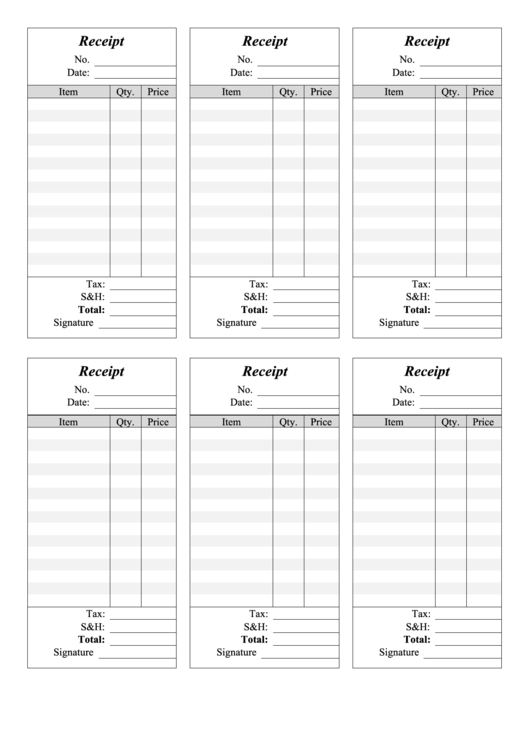 Six Receipt Templates - Small, Lined printable pdf download