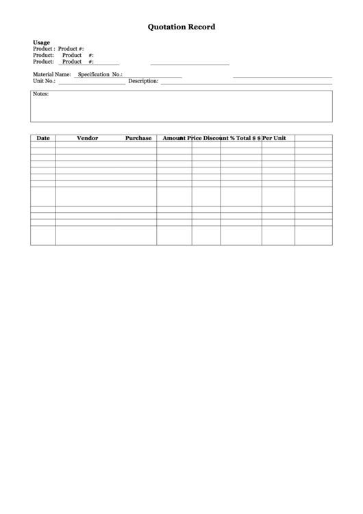 Quotation Record Form Printable pdf