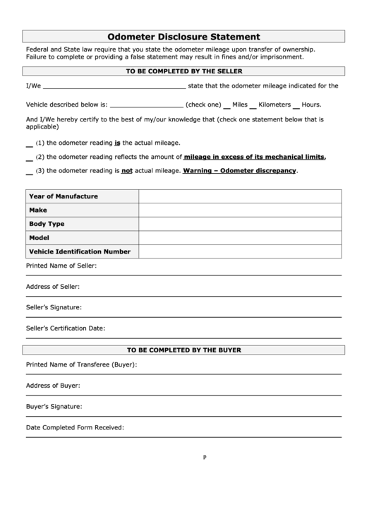Odometer Disclosure Statement Form Printable pdf