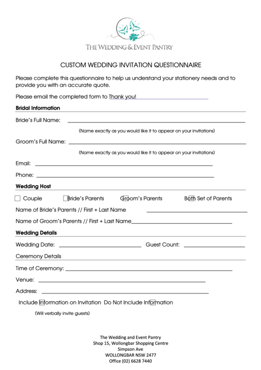 Custom Wedding Invitation Questionnaire printable pdf download