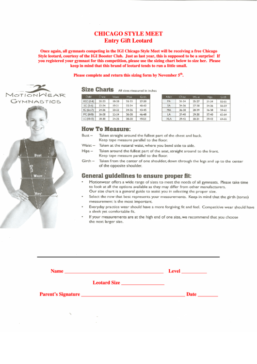 Chicago Style Meet Entry Gift Leotard Size Chart