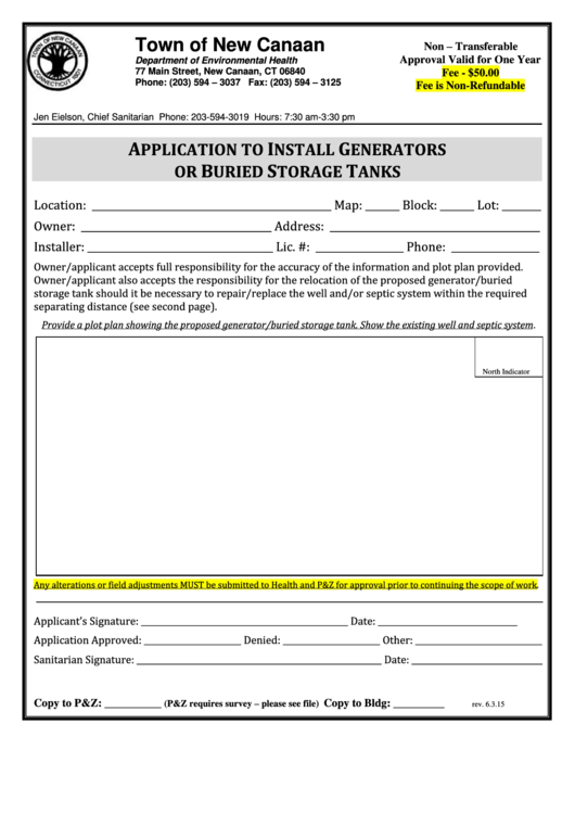 Application To Install Generators Or Buried Storage Tanks - Town Of New Canaan Department Of Environmental Health Printable pdf