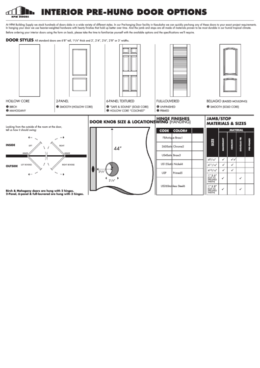 Hpm Doors Interior Pre-Hung Door Size Chart And Order Form Printable pdf