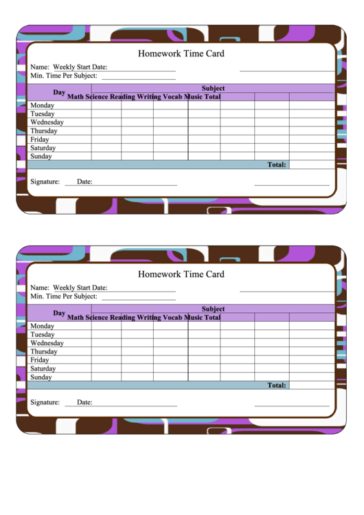 Kids Homework Time Card Printable pdf