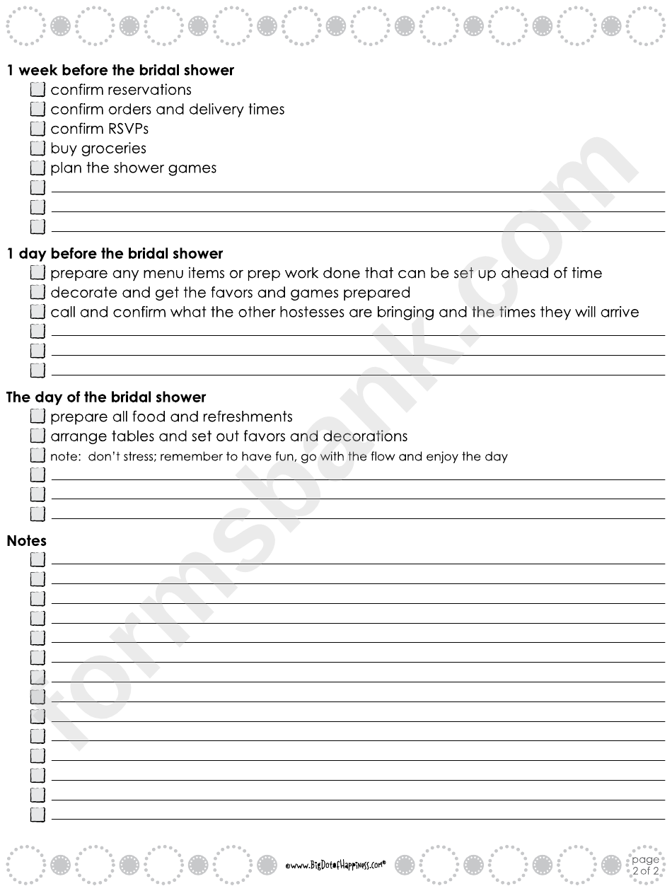 Sample Bridal Shower Checklist