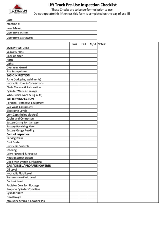 Operators Checklist Forklift Printable pdf