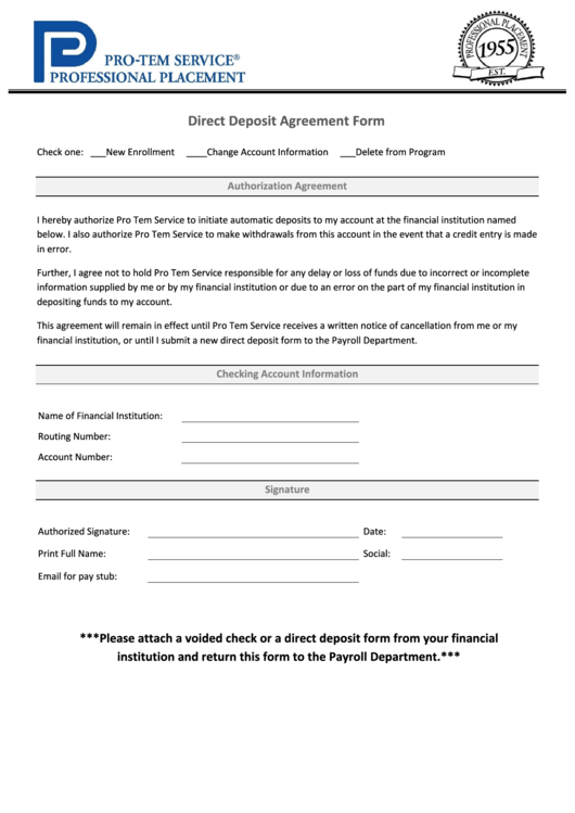 Direct Deposit Agreement Form Printable pdf