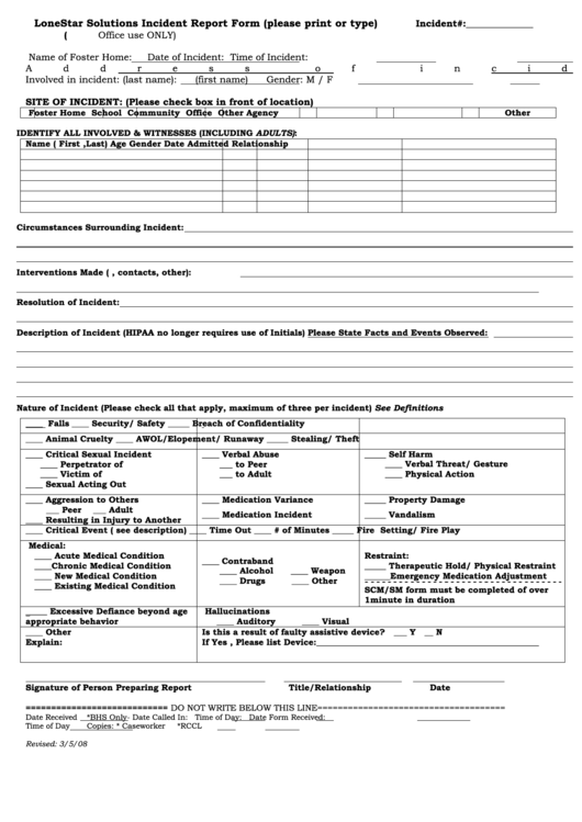 Foster Home Incident Report Form Printable pdf