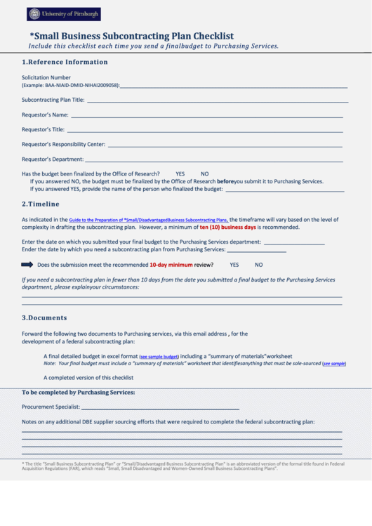 Small Business Subcontracting Plan Checklist