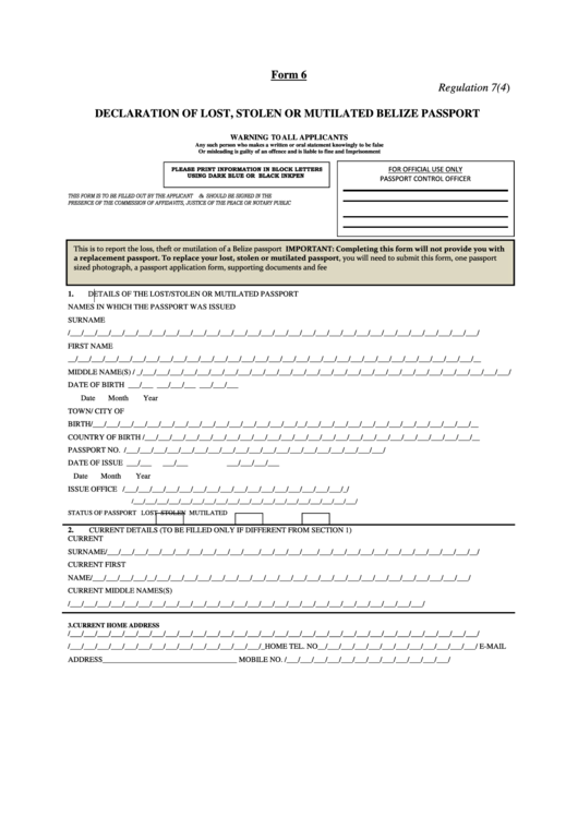 Form 6 Declaration Of Lost, Stolen Or Mutilated Belize Passport Printable pdf