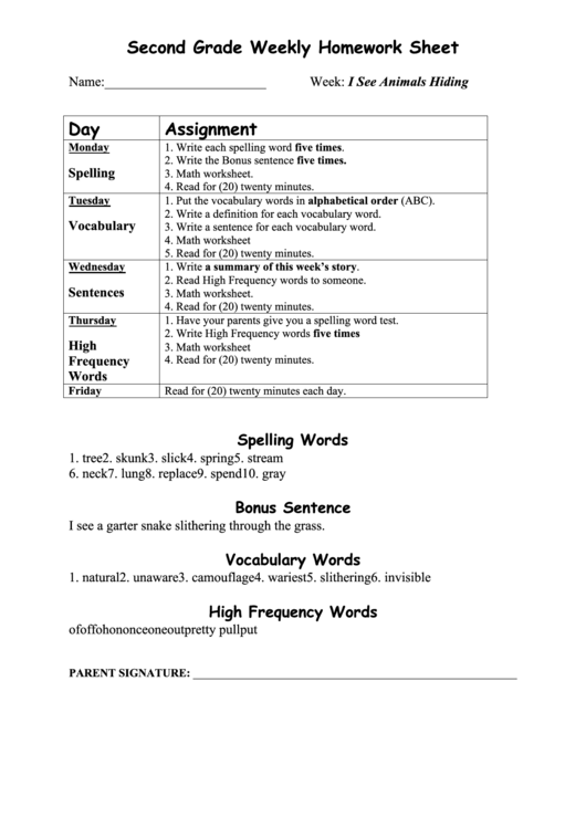 Second Grade Weekly Homework Sheet Printable pdf