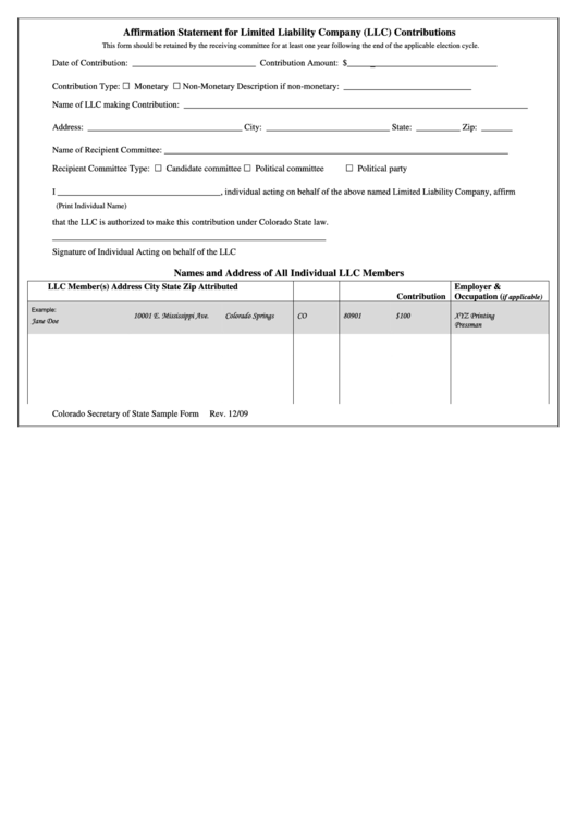 Affirmation Statement For Limited Liability Company (Llc) Contributions - Colorado Secretary Of State Printable pdf
