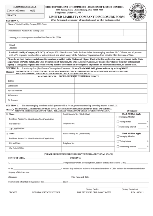 Ohio Department Of Commerce - Limited Liability Company Disclosure Form