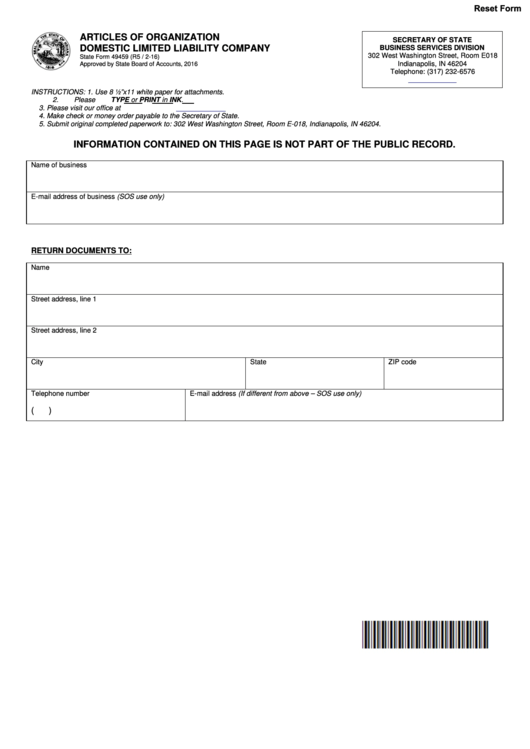 Fillable Form 49459 - Articles Of Organization Template - Domestic Limited Liability Company - 2016 Printable pdf